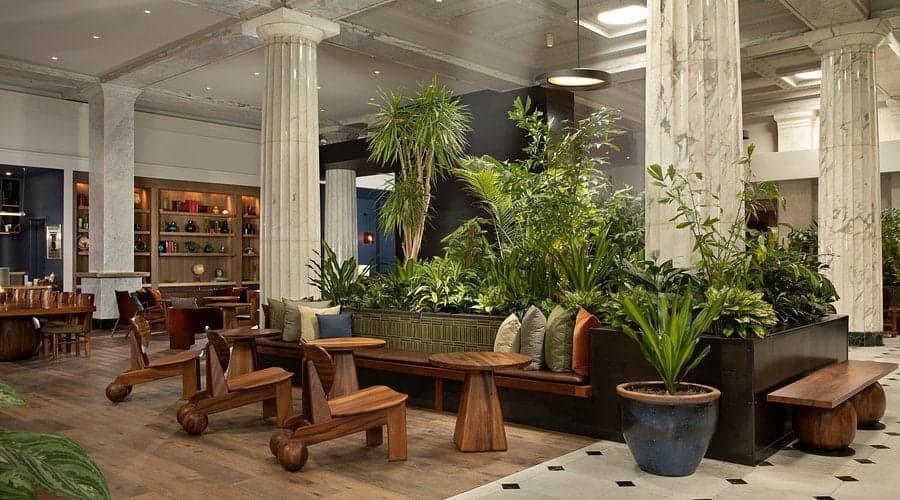 The plant-filled lobby at Hotel Emery